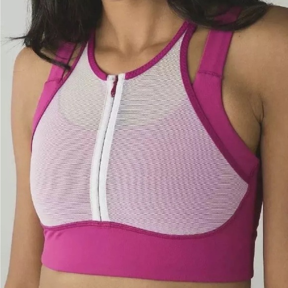 Lululemon raspberry/white high neck zip ready set sweat bra extremely rare 2016 - Picture 4 of 5